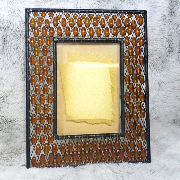 Vintage Metal Picture Frame Boho 70’s Style Orange🧡Stones Beaded Glass - Picture 1 of 11